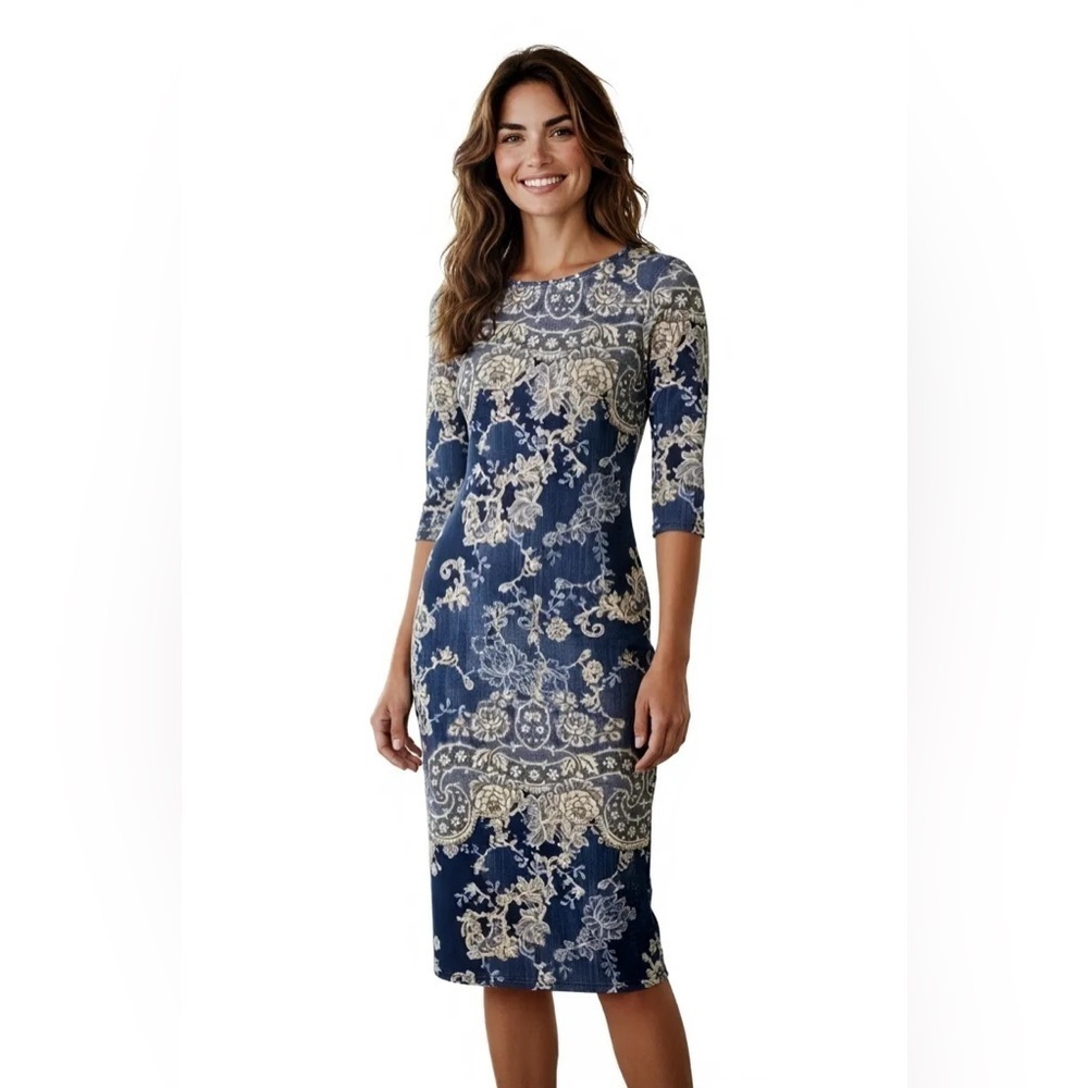 Boohoo Long Bodycon Dress w lots of stretch Blues w Cream